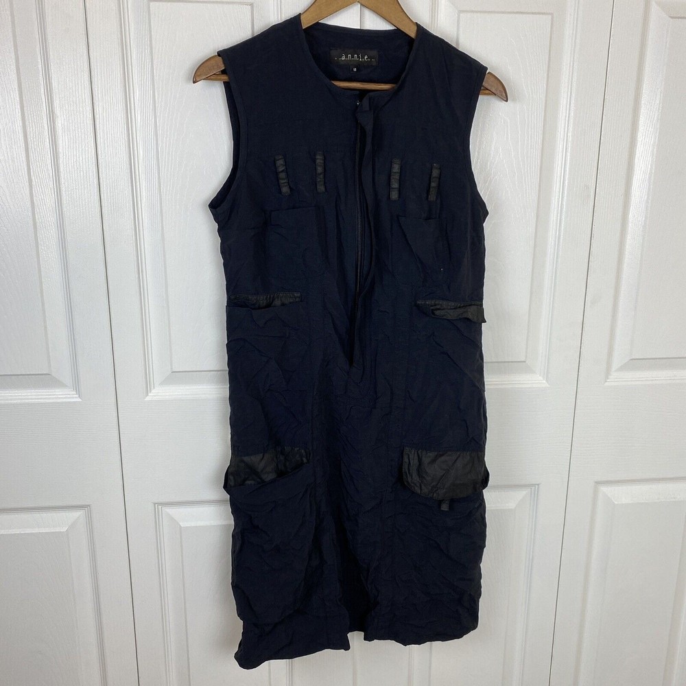 Annie Thompson Size 12 Black Cargo Dress Shift Artsy Art to Wear Utility Zipper - Picture 1 of 5